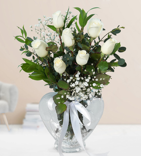 7 White Roses in Heart Vase
