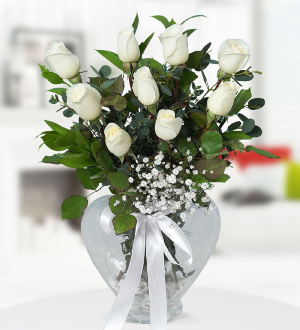 9 White Roses with Heart Vase