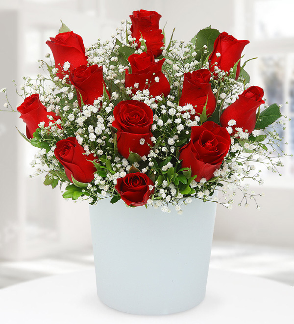 12 Red Roses in Ceramic Vase