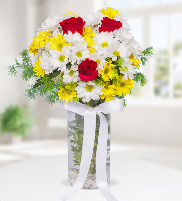 Colorful Chrysanthemums and Red Roses