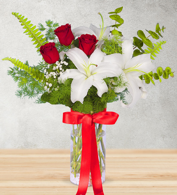 Lilium and Red Roses in Vase