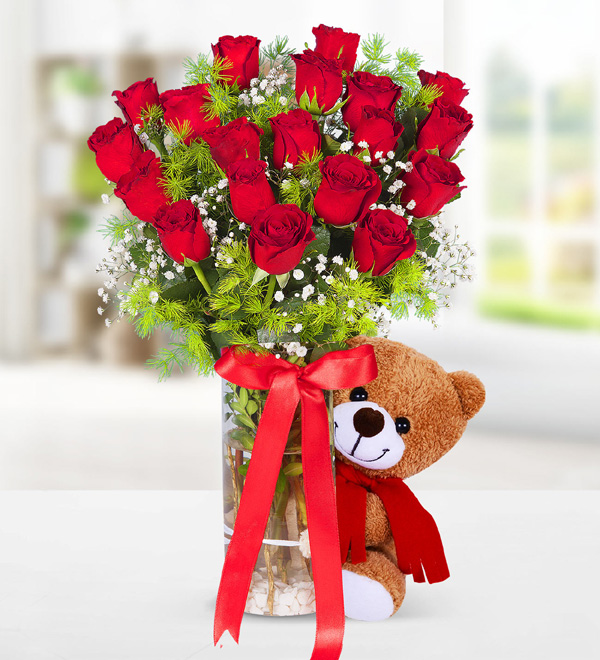 19 Red Roses in Vase and Teddy Bear