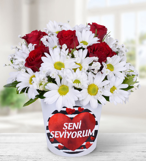 5 Red Roses and Daisies in Vase