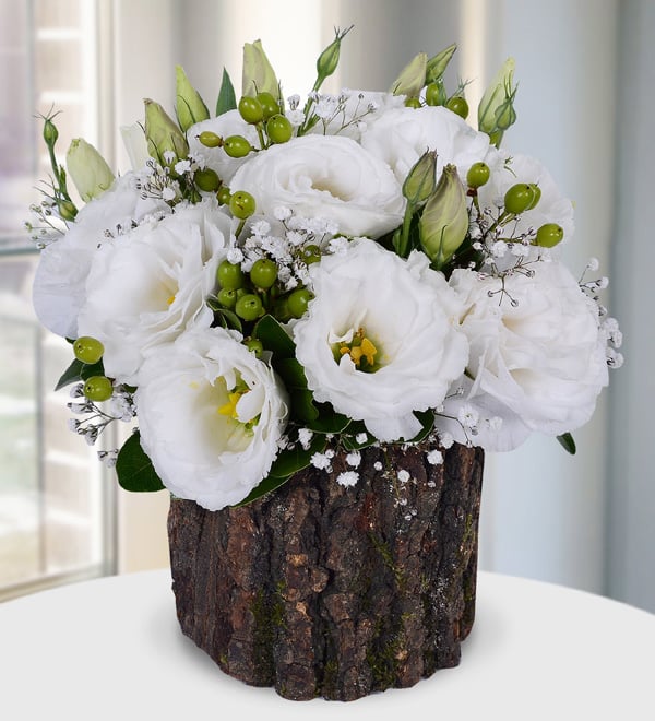 Lisianthus in Natural Wooden Log