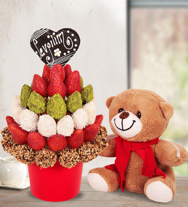 Sympathetic Teddy and Colourful Strawberries