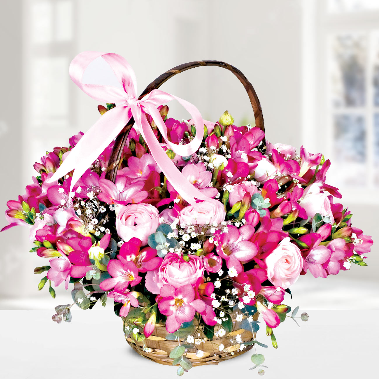 Send Flowers Turkey, Pink Freesias In Basket From 58usd